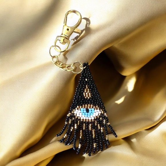 Evil Eye Bag Charm with Hand Beaded Glass Seed Beads and Gold Toned Clasp - Picture 1 of 17